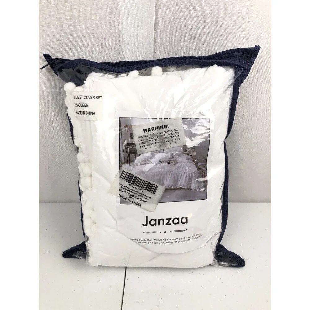 JANZAA DUVET COVER Sham Queen White Pom Ball Zipper Polyester Bed Bedroom